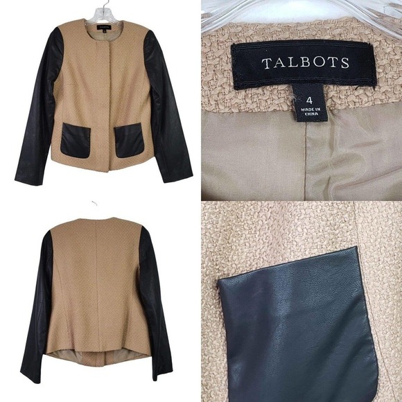 Talbots Blazer Jacket Womens 4 Wool Faux Leather Accents Tan Black Crop - Picture 1 of 8